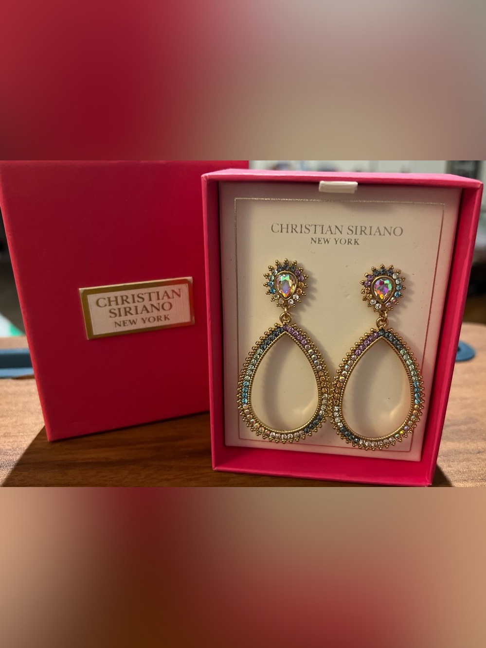 Christian Siriano NY Teardrop Dangle Earrings Multicolor Pastel Crystals NIB